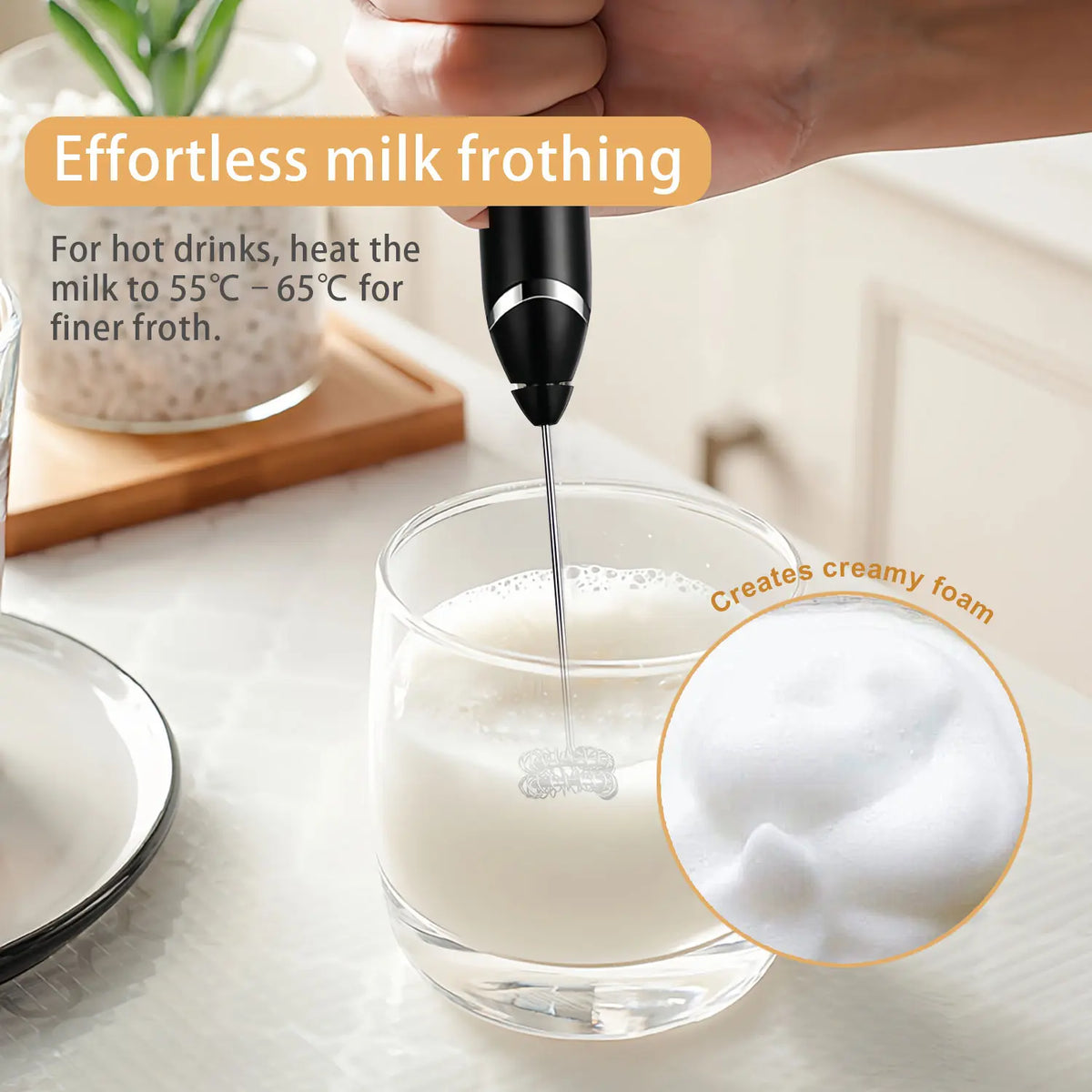 Super Powerful Torque — Rechargeable Milk Frother Wand 3-Speed Handheld Foam Maker for Coffee, Matcha & Protein Shakes